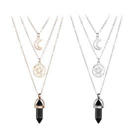 NyxSeat 2 Sets Multilayer Moon Five-Pointed Star Agate Necklace for Women Hexagonal Column Hollow Pendant Jewelry Set for Women and Girls, Artificial crystal/alloy