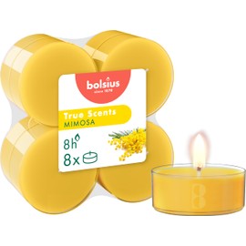 Bolsius Confezione da 8 Maxi candele tealight profumate - Mimosa - Lunga durata di combustione di 8 ore - Estratti naturali - Cera vegana - Senza olio di palma