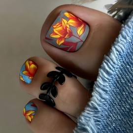 Flower Press on Toenails Short Square Fake Toenails Summer False Toenails Full Cover Acrylic Toe Nails Flowers Glue on Toenails Reusable Artificial Toenails for Women Nail Decorations, 24Pcs