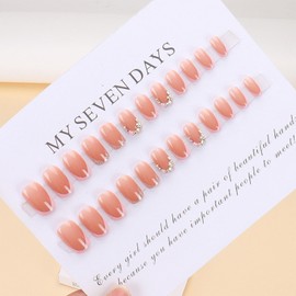 IMRAIN Press on Nails Short Square Fake Nails Pink French Tips Acrylic False Nails Full Cover Glossy Gel Glue on Nails Squoval Rhinestone Flower Artificial Nail Art Manicure Decoration 24Pcs