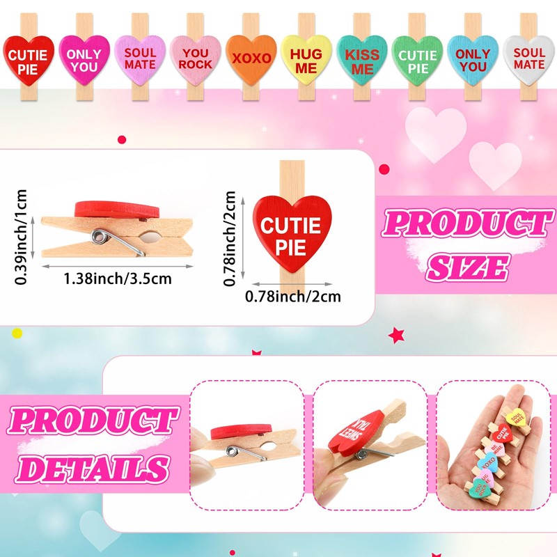 JULBEAR 80Pcs Valentine Wood Clips Conversation Heart Photo Clips