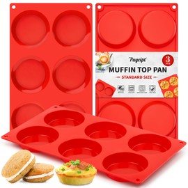 Puyeipt 3 Pack Silicone Egg Molds, 3 Inch Non-Stick Muffin Top Baking Pans Round Egg Molds for Breakfast Sandwiches, Egg Bites, Whoopie Pies, Corn Bread, Tarts (Red)