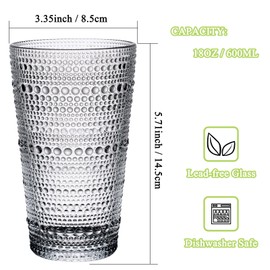 Hobnail Drinking Glasses Set Of 4-18 oz Water Glass, Unleaded Glass Cups fit for Home or Bar, Dishwasher Safe - Elegant Glassware Set as for Housewarming and Holiday Gifts