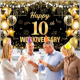 10 Year Work Anniversary Decorations Happy 10th Workiversary Banner Black Gold Happy 10th Workiversary Backdrop Employee Appreciation 10 Year Work Anniversary Decor for Employee Boss