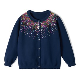 Rolanko Girls' Bolero Cardigans, Long Sleeve Cotton Basic School Clothing, Crew Neck Pullover Cardigan, Sequins Navy