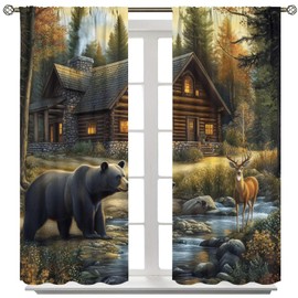 Country Bear Deer Curtains,Vintage Old Forest Hunting Country Cabin Wildlife Lake Mountains Bear Deer Animals Windows Treatments Rod Pocket For Farmhouse Living Room Bedroom 42x45in（No Blackout）