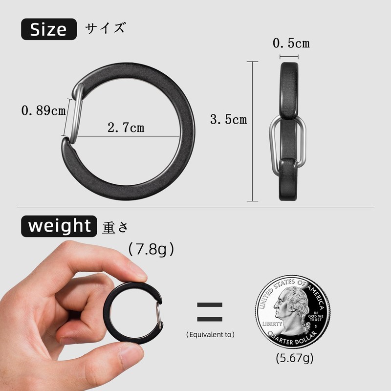 TISUR Titanium Carabiner Round Key Chain Key Ring (Black/Round Clip