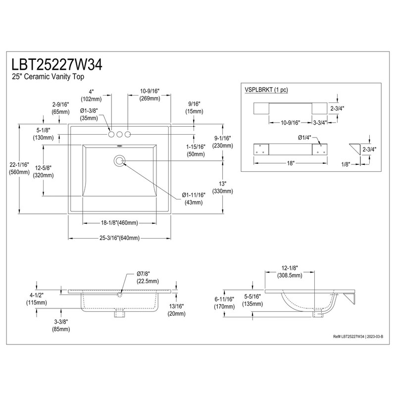 Kingston Brass LBT25227W34 Continental Vanity Sink Top, White 25.19 x