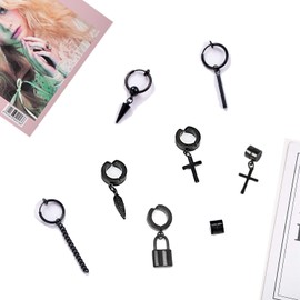 14 Pcs Black Goth Stainless Steel Non Pierced Fake Piercing Cross Feather Spike Awl Star of David Dangle Tassel Clip on Hoop Earrings Set Jewelry for Unisex