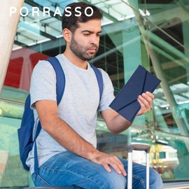 PORRASSO Travel Wallet Passport Holder RFID Blocking Card Case PU Leather Documents Organizer Passport Cover for Men Women Dark Blue