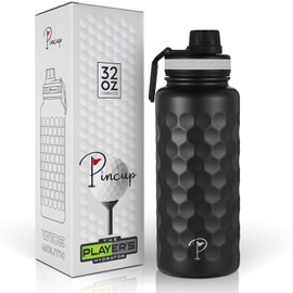 PINCUP Golf Ball Water Bottle, Dimple Textured Insulated Water Bottle, Black 32oz Stainless Steel Flask with Spout Lid, Golf Gifts for Men & Women