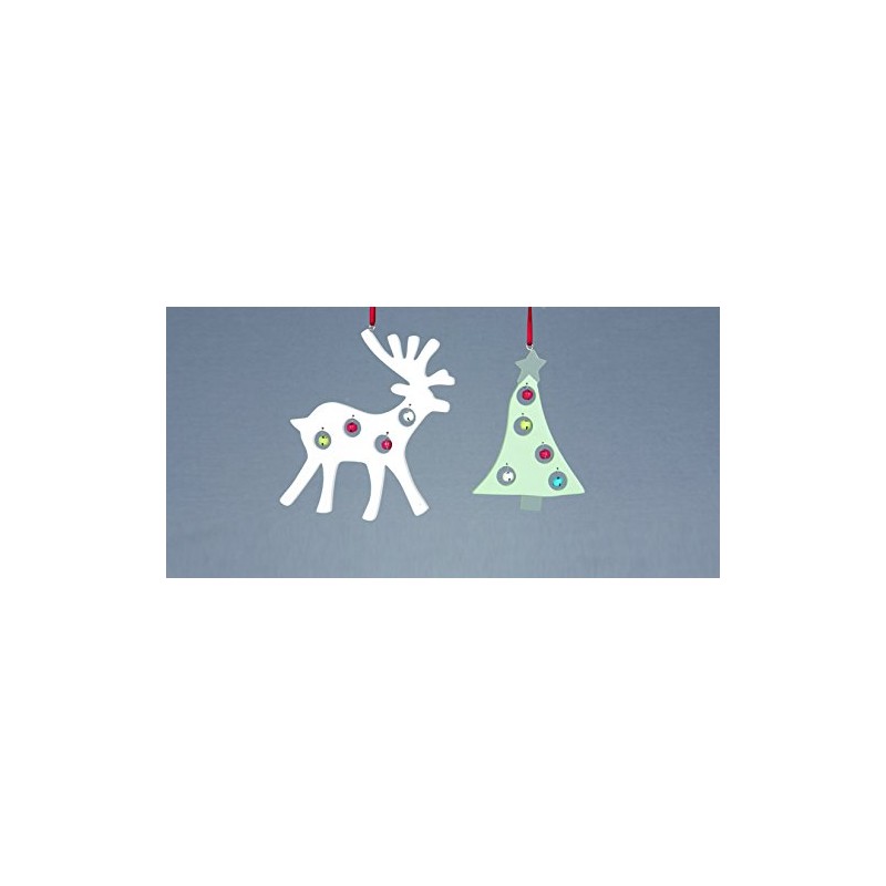 Two Reindeer Shaped White Tree Hangers With Pale Multi-Coloured Bells