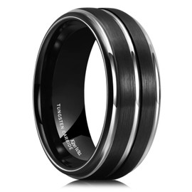 King Will Tungsten Carbide Wedding Ring for Men - 8mm Black Silver Two Tone Brushed Finish Grooved Center Comfort Fit Mens Wedding Band for Everyday Wear 11