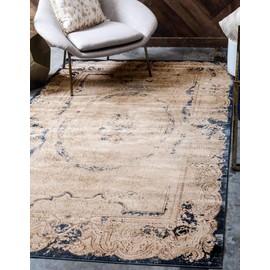 Unique Loom Chateau Distressed Vintage Traditional Textured Rug_VIL009, 4 x 6 Feet, Beige/Navy Blue