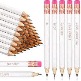 Crtiin 50 Pieces Baby Shower Pencils for Activities Mini Golf Half Pencils, Presharpened with Erasers, 4 Inch(White, Rose Red,Baby Style)
