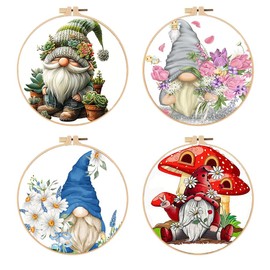 4 Pack Stamped Cross Stitch Kits for Adults with Frame - Gnome Flower Embroidery Kits for Beginners Adults,11 CT Patterns Dimensions Counted Cross Stitch Kits Arts Craft Kits 7.8 x 7.8 inch