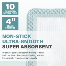 EVERLIT Super Absorbent Dressing for Wound Care | Nonstick Soft Surgical Gauze Pad for Heavily Exuding Wounds | Large Sterile Non-Adhesive Bandage for Fast Healing Wound Care | Pack of 10 (4" x 4")