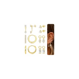 FIOROYLA Sterling Silver Post Gold Earrings Set for Women - 14K Gold Cartilage Earring Hypoallergenic Small CZ Flower Huggie Hoop Earrings Dangle Earrings GFCZ