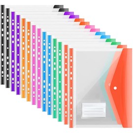 Ansook 14 Pack Expandable Punched Pockets A4 Plastic File Jackets, Colourful File Pockets, A4 Folders Transparent Pocket with Snap Fastener and Label Pocket for Home, Office and School, 7 Colors