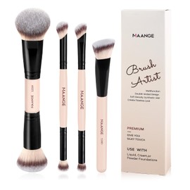 MAANGE Set de Brochas para Maquillaje 4PCS Brochas de Maquillaje Premium de Doble Punta Multi Usos con Estuche Brocha para Base Pulir Líquidos, Cremas, Polvos Ideal para Regalar(Beige+Negro)