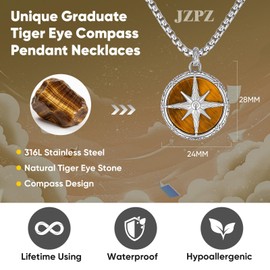 JZPZ Compass Necklace for Men-Stainless Steel Inlay Natural Tiger Eye Pendant Necklaces with 23.5'' Box Chain,Inspirational High School College Jewelry Gift for Graduate Son Grandson Boyfriend Nephew