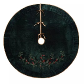 ONGLYP X.Sem Holly Leaf Embroidered Velvet Christmas Tree Skirt with Pleat Velvet Bo...