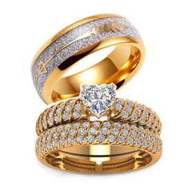 Two Rings His Hers Wedding Ring Sets Couples Rings Women's 10k Yellow Gold Plated White Heart CZ Wedding Engagement Ring Bridal Sets & Men's Titanium Wedding Band
