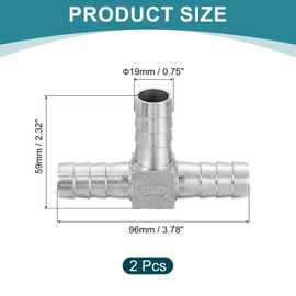 sourcing map 2Pcs 3/4" Tee Hose Barb Pipe Fitting, 304 Stainless Steel 3 Way Pipe Hose Pipe Fitting Adapter for Vacuum Systems, Industrial Pipe Connections, Silver