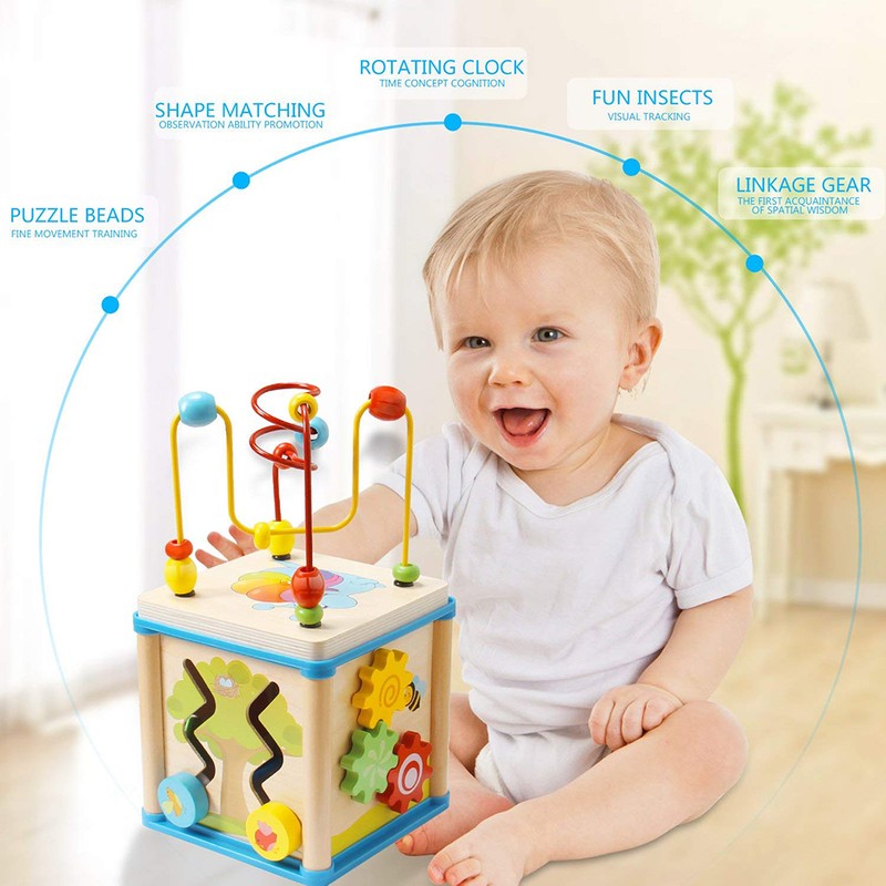 Early Educational Wooden Bead Maze Shape Sorter Activity Cube Gifts