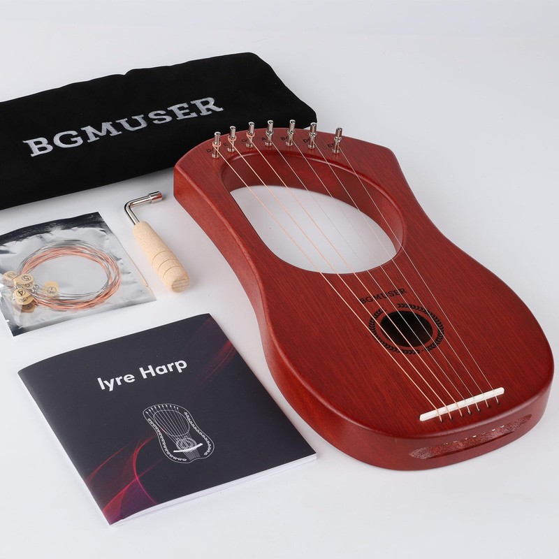 BGMUSER Lyre Harp 7 Strings with Bag,Tuning Wrench,Metal Strings, Mahogany