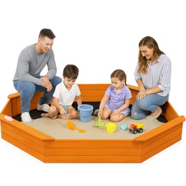 Large Wooden Octagon Sandbox with Cover, 85"x78"x9" Outdoor Sandpit with 4 Built-in Seats, Bottom Liner & Waterproof Cover, Cedar Wood Sand Box for Kids Outside Backyard Play (Natural)