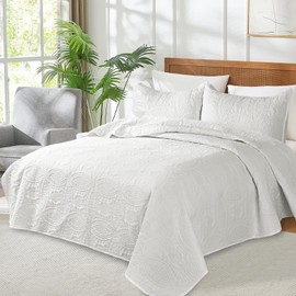 Siyaluens Quilts Set for King Size Bed, Soft Quilt Lightweight Microfiber Bedspread, Circle Geometric Pattern Ultrasonic Quilting Bedding Bedspreads with 2 Pillow Shams for All Season (White)