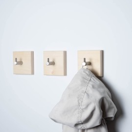 WOODS Square Wooden Coat Hooks, Handmade in Bavaria, Individually or as a Coat Rail, Towel Rail (3 Pieces, Maple, Stainless Steel Hooks)