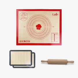 Silicone Pastry Baking Mat - 28" x 20"Inch High Temperature Resistant, Combo Set with 2 Piece 16.5"*11.5"Inch Basic Baking Mat and 1 Piece Rolling Pin, BPA-Free, Non-Stick, Easy to Clean, Bakeware Utensils Oven Thick - Color: Red&Beige