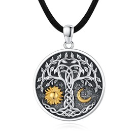 Tree of Life Necklace Men 925 Sterling Silver Tree of Life Sun and Moon Pendant with Celtic Knot Round Viking Amulet Sun Moon Jewelry Gifts for Women Men