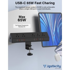 Desk Clamp Power Strip 65W Fast Charging Station,4 PD USB-C,5 Outlets,Nightstand Desk Edge Mount Tower Surge Protector,15 Amp Heavy Duty Power Strip,Fits 1.96" Tabletop Edge (Black, 10 FT Cable)