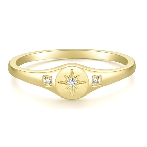 Titaniumcentral Signet Ring Women's Men's 14K Gold-Plated North Star Cubic