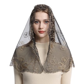Bozidol Church Veil Lace Mantilla Virgen de guadalupe Costume Christian Prayer Scarf Spanish Catholic Mass Veil (Black-Gold)