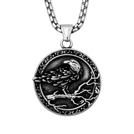 HAQUIL Raven Necklace, Stainless Steel Viking Raven Medallion Pendant, Box Chain, Viking Jewelry Gift