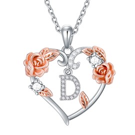 AOBOCO Rose Heart Necklaces Gifts for Women, 925 Sterling Silver Rose Love Heart Initial Letter Pendant Necklace Jewelry Mothers Day Valentines Christmas Birthday Gifts for Her Mom Wife Girlfriend-D