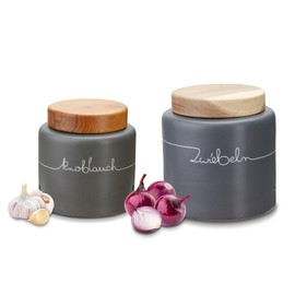 KHG Onion Garlic Storage, Ceramic Stoneware Polished, Anthracite Grey Wood Lid Bamboo, with Decorative Lettering, Capacity 3 L & 1.5 Litres, Onion Pot & Garlic Pot, 2 Pieces, Ventilation Holes