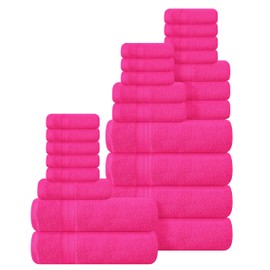 BOUTIQUO 24 Pack Cotton Towel Set, Contains 6 Bath Towels 27x54 inch, 6 Hand Towels 16x24 inch & 12 Wash Coths 12x12 inch, Ideal Everyday use, Ultra Soft Compact & Lightweight - Hot Pink
