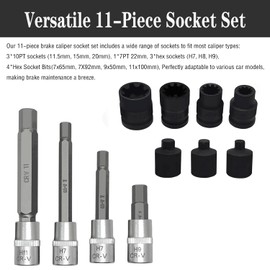 JEUCLEL 11PCS Universal Master Brake Caliper Socket Set, Brake Caliper Removal Tool Kit Compatible with Most Cars, H7 H8 H9 H11 10Pt 11.5Mm 15Mm 20Mm 7Pt 22Mm Sockets Brake Caliper Wrench Tool