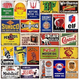 Reproduced Vintage Tin Sign Pack, Gas Oil Retro Advert Antique Metal Signs for Garage Man Cave Bar Kitchen, Nostalgic Car Decor, 8x12 Inch (24 pieces B)