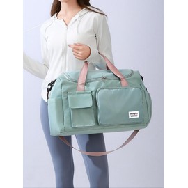 2024 Summer Women's Fashion Large Capacity Travel Bag, Solid Color Letter Patch Zipper Pocket Travel Bag, Casual Lightweight Travel Bag for Gym & Short Business Trips:_Light Green_Please Refer To The Pictures for Dimensions