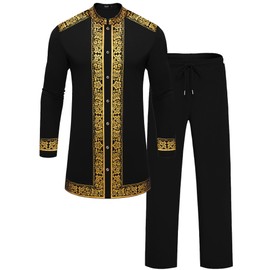 ZSJR Mens African 2 Piece Set Nigerian Dashiki Metallic Traditional Suit Gold Stamp Printed Shirt and Pants Outfit