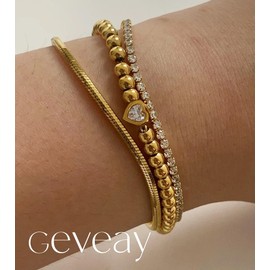 Geveay Gold Bracelets for Women 3Pcs Stackable Gold Bracelet Set Dainty Adjustable Beaded Tennis Snake Bracelets for Women 6.7+2inch