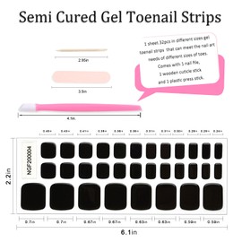 JERCLITY 1 Sheet 32pcs Black Semi Cured Gel Toenail Strips, Toenail Wraps, Gel Pedicure Strips, Needed LED Lamp to Cured,1 Nail File,1 Wooden Cuticle Stick, 1 Plastic Press Stick