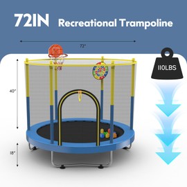 Sedeke 72" Trampoline for Kids with Net, 6 FT Indoor & Outdoor Small Toddler Trampoline with Basketball Hoop & Dart Board for Ages 1-8, Birthday Gifts for Boys & Girls, Baby Toddler Christmas Toys
