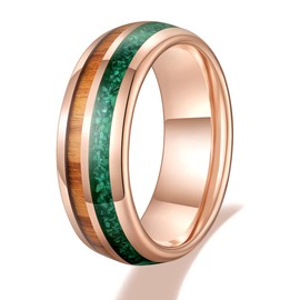 TRUMIUM 8mm Mens Wedding Band Real Malachite & Wood Inlay Tungsten Carbide Rings Rose Gold Engagement Band Beveled Edges Comfort Fit Size 10